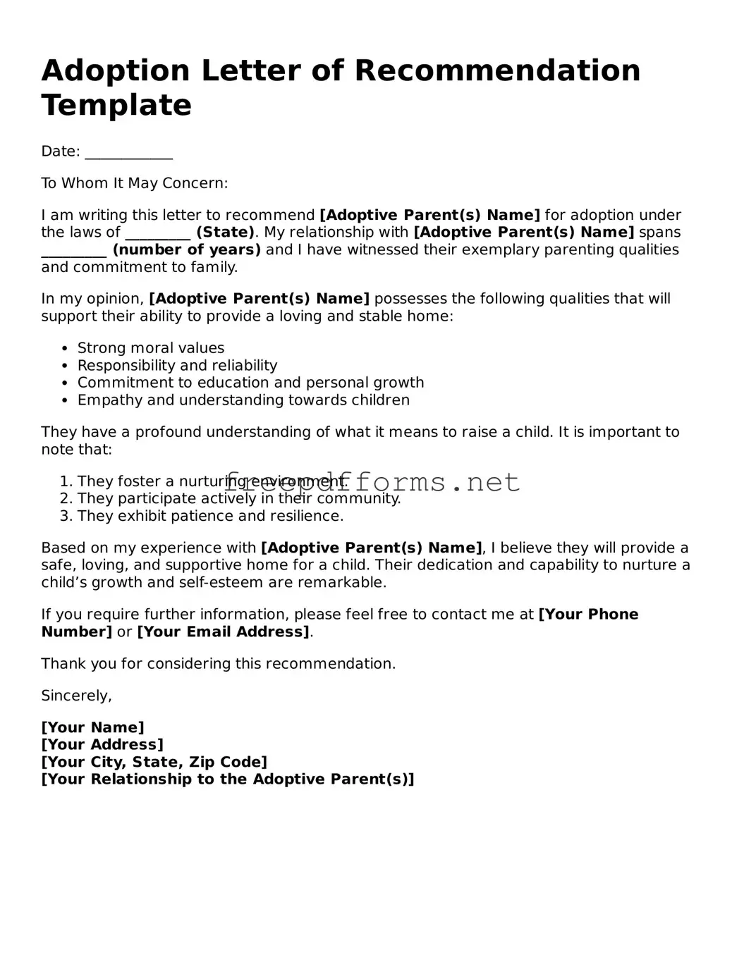 Adoption Letter of Recommendation Template