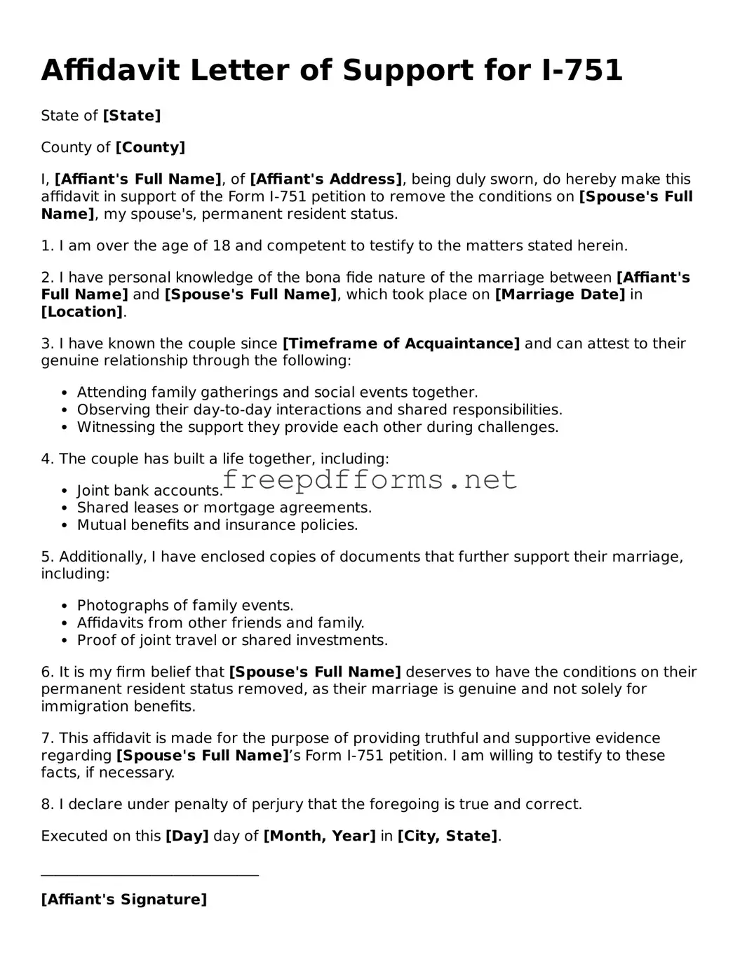Affidavit Letter of Support for I-751 Template