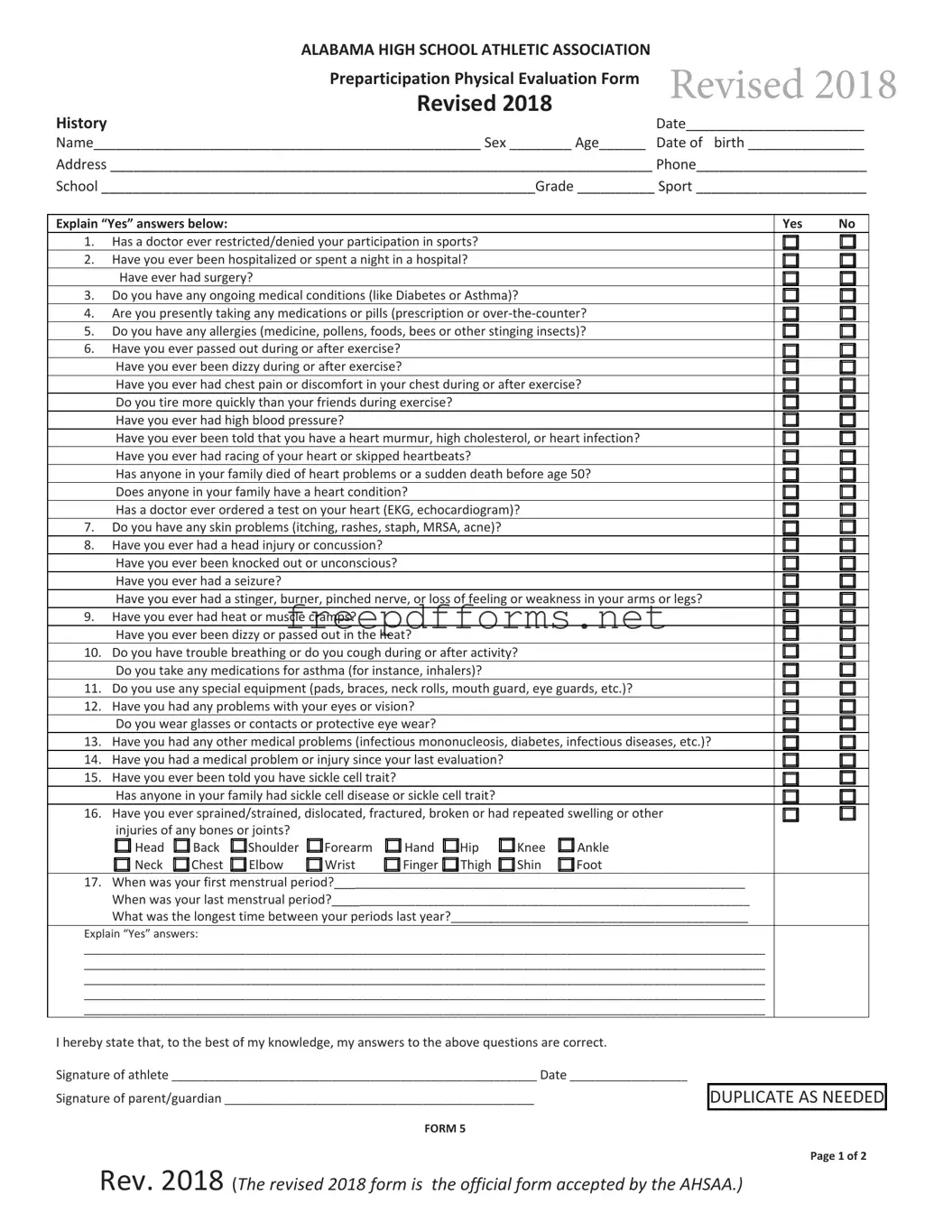 Fill a Valid Alabama High School Physical Template