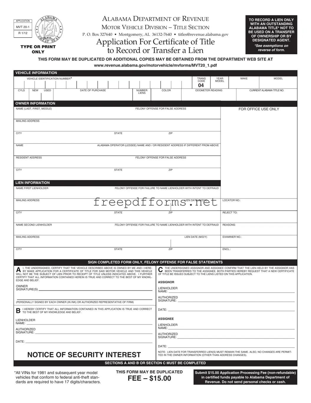 Fill a Valid Alabama Mvt 20 1 Template
