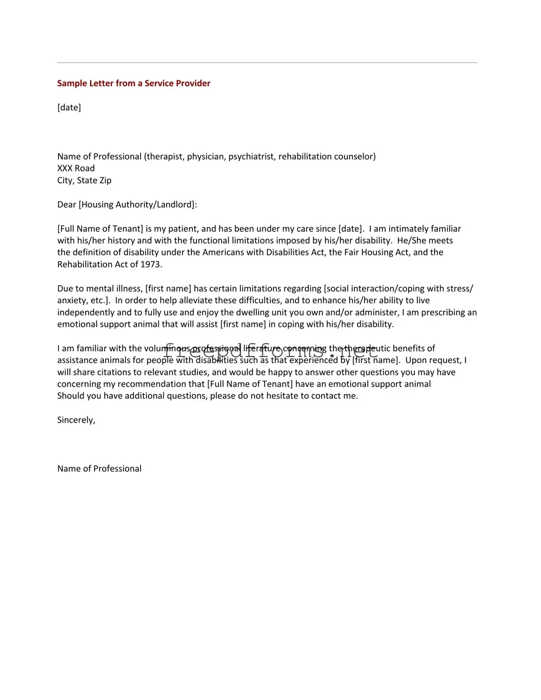 Fill a Valid Emotional Support Animal Letter Template