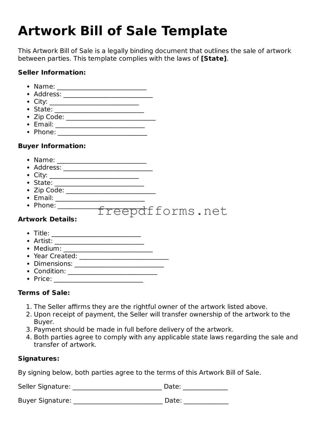 Artwork Bill of Sale Template