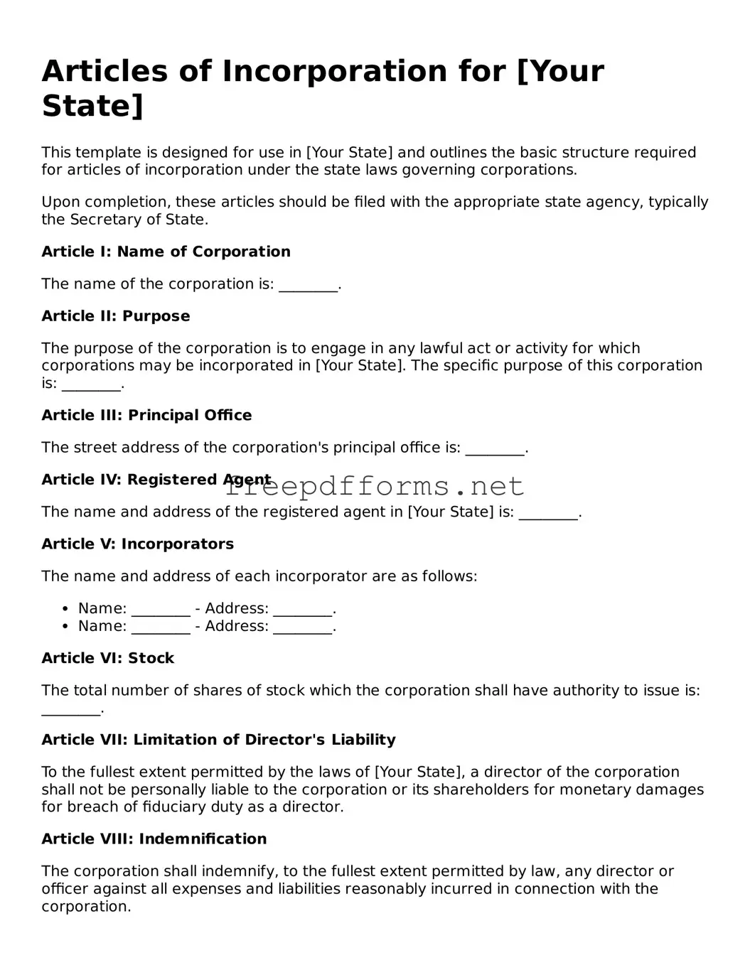 Articles of Incorporation Template
