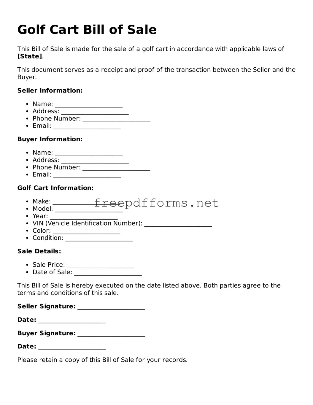 Golf Cart Bill of Sale Template