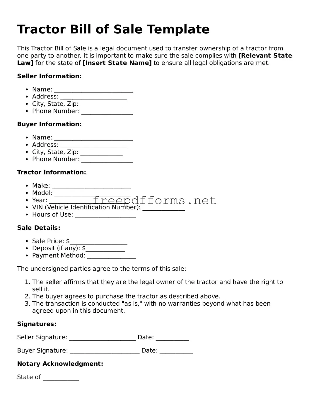 Tractor Bill of Sale Template