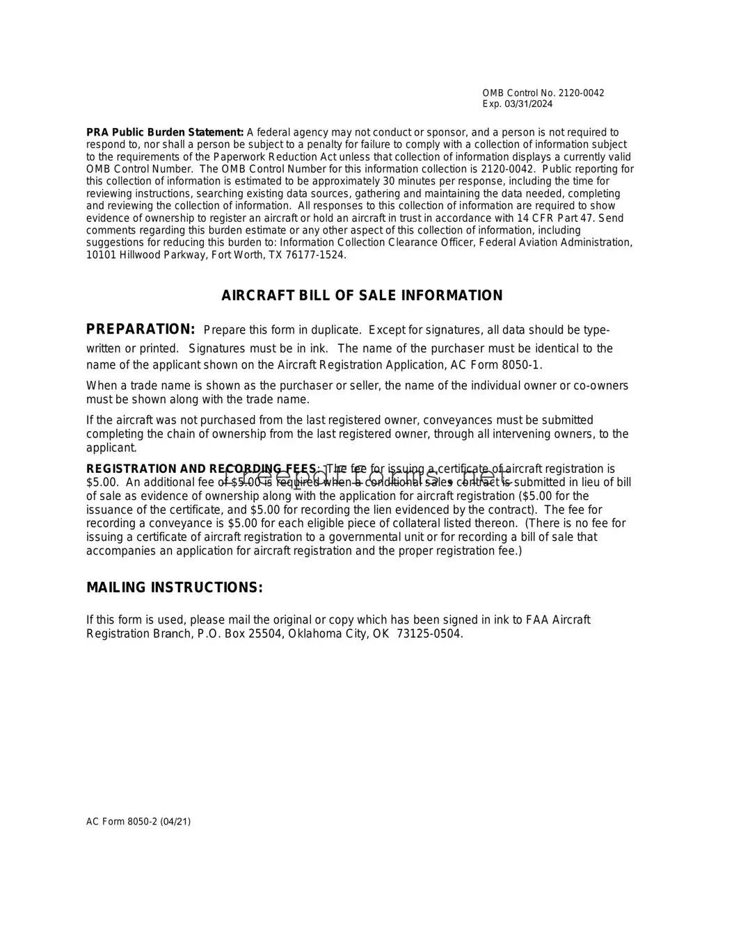 Fill a Valid Aircraft Bill of Sale AC 8050-2 Template