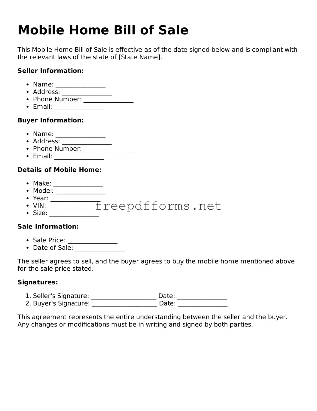Mobile Home Bill of Sale Template
