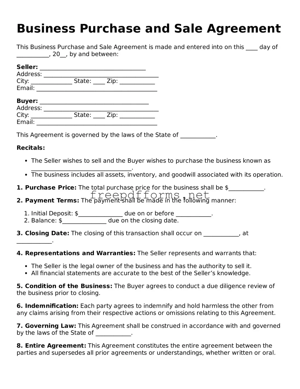 Business Purchase and Sale Agreement Template