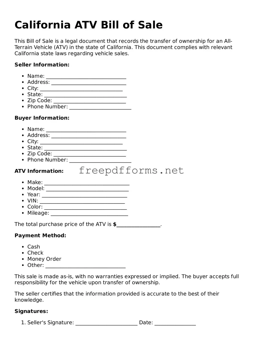 Free ATV Bill of Sale Form for California State