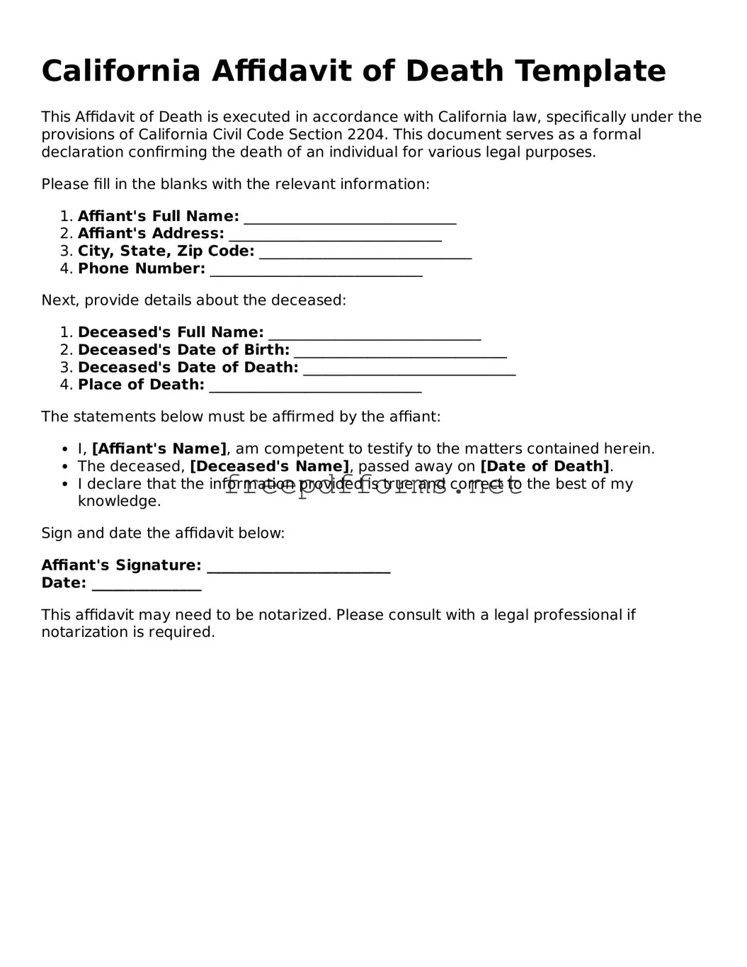 Free Affidavit of Death Form for California State