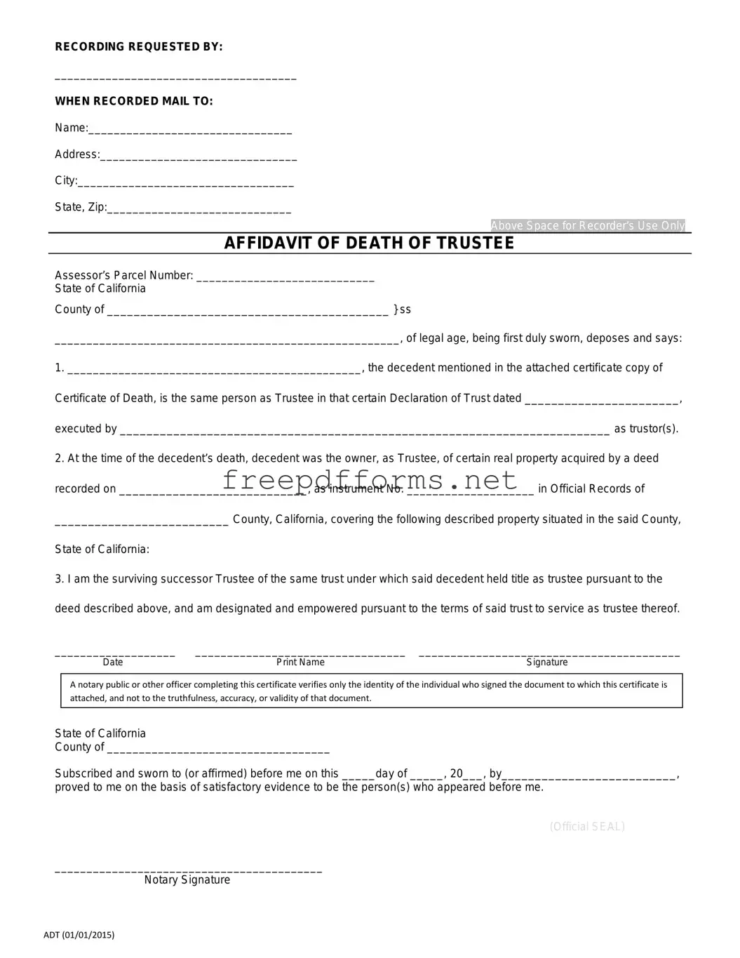 Fill a Valid California Affidavit of Death of a Trustee Template