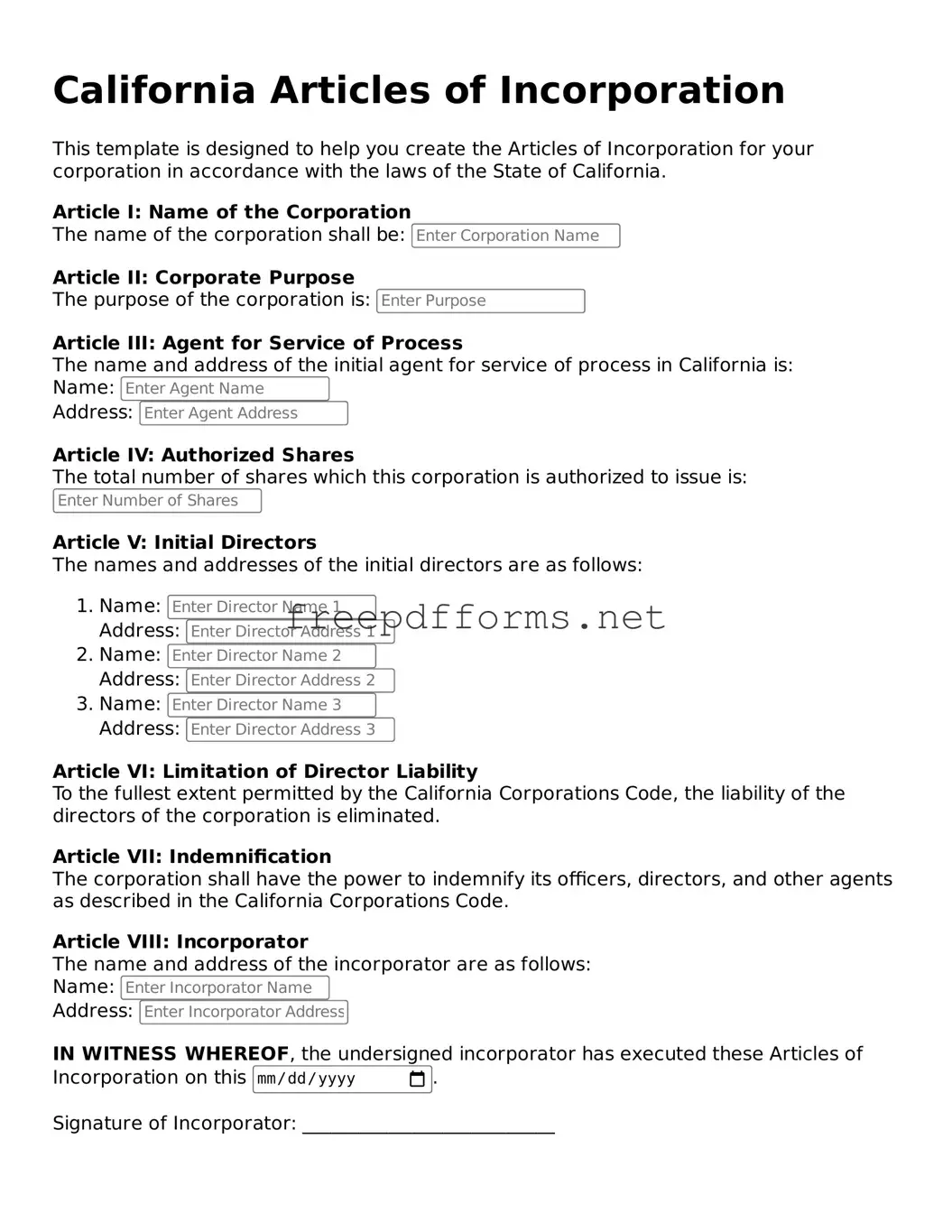 Free Articles of Incorporation Form for California State