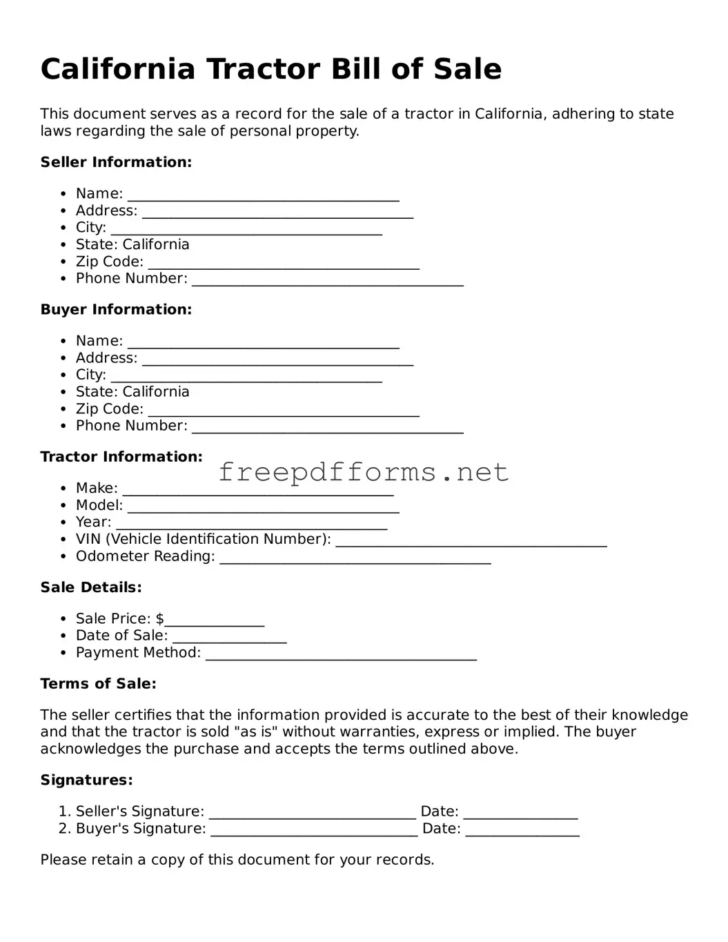Free Tractor Bill of Sale Form for California State