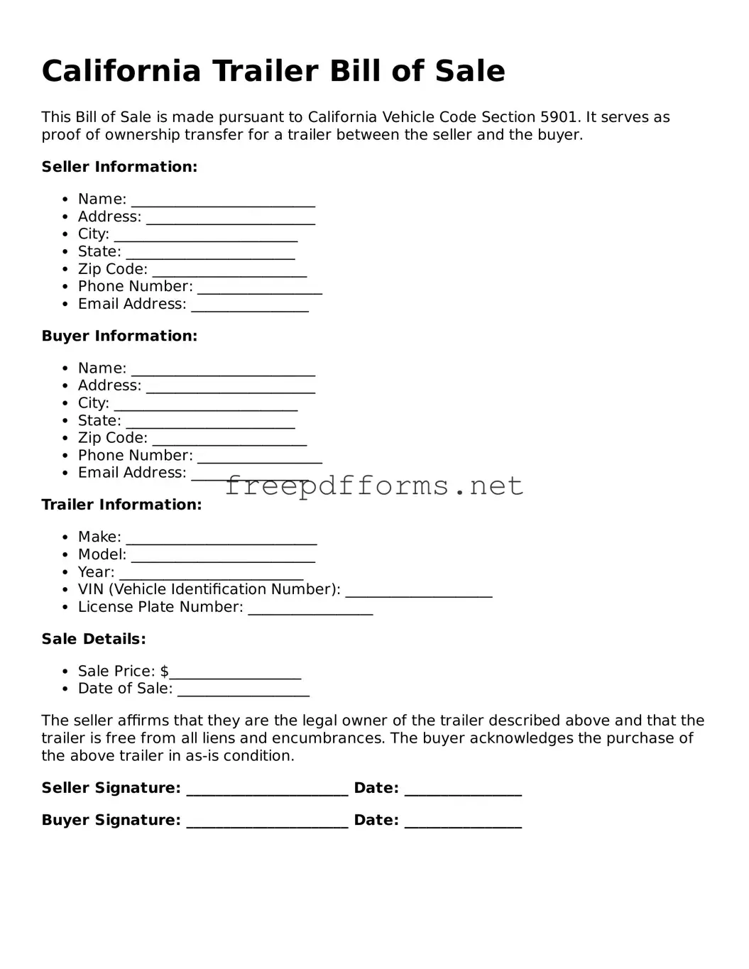 Free Trailer Bill of Sale Form for California State