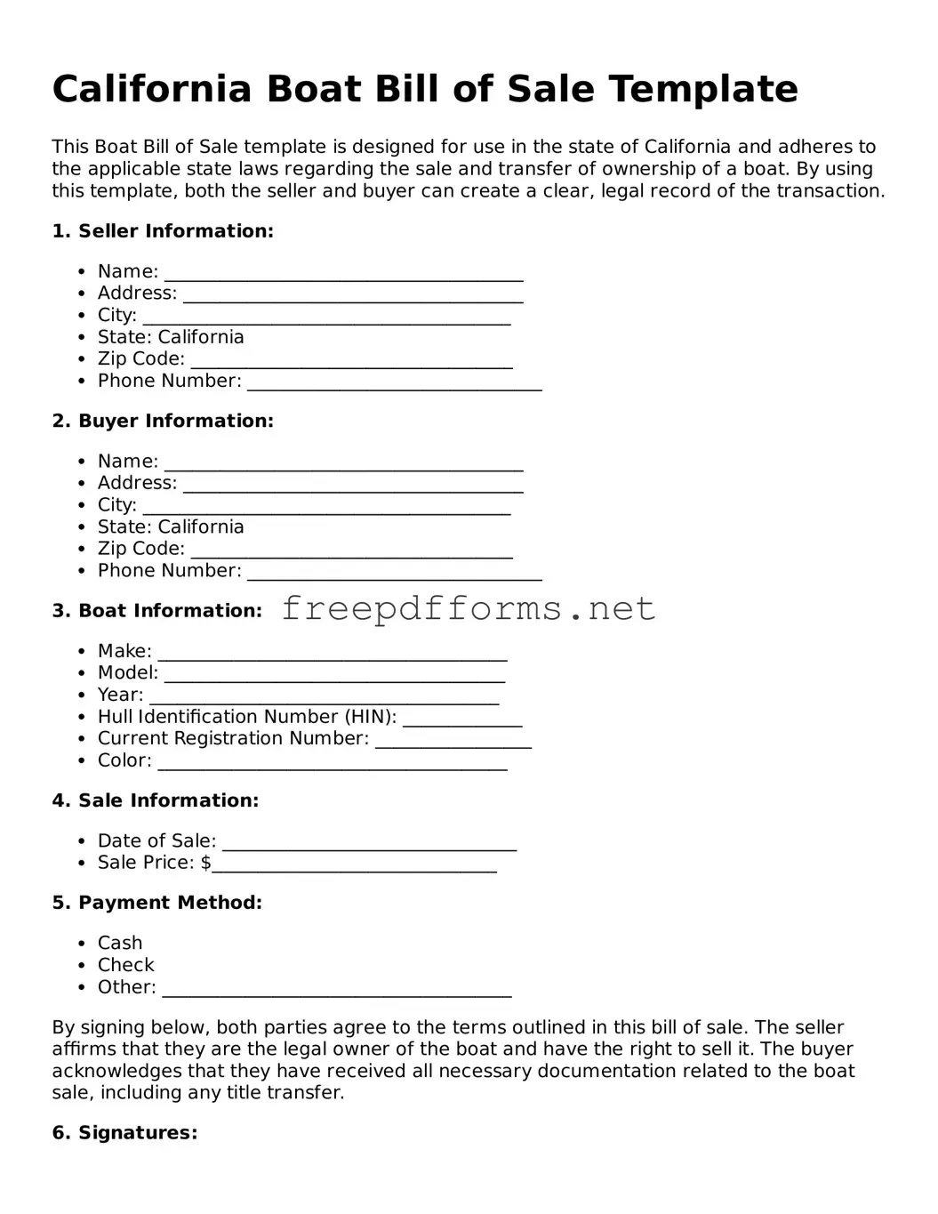 Free Boat Bill of Sale Form for California State