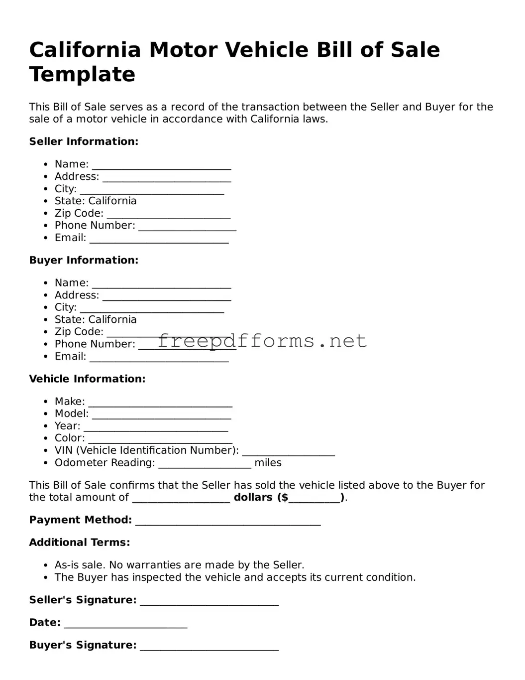 Free Motor Vehicle Bill of Sale Form for California State