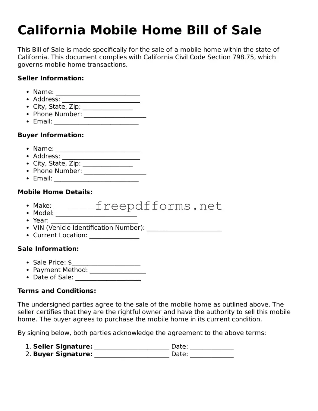 Free Mobile Home Bill of Sale Form for California State