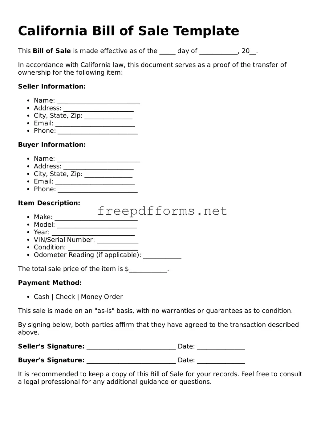 Free Bill of Sale Form for California State