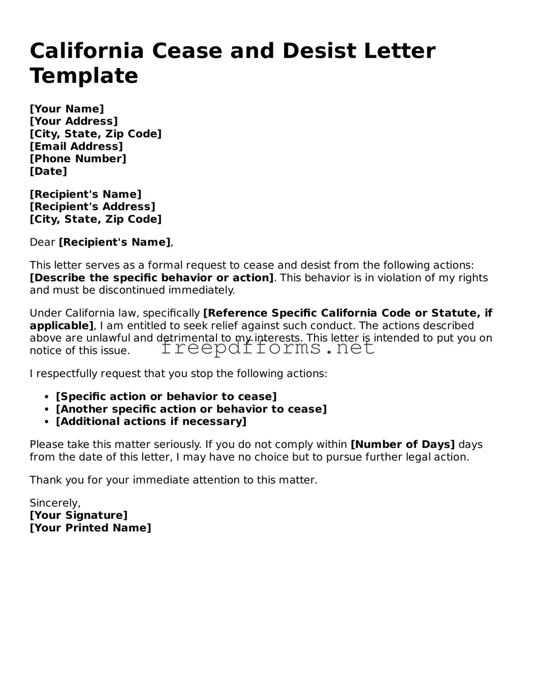 Free Cease and Desist Letter Form for California State