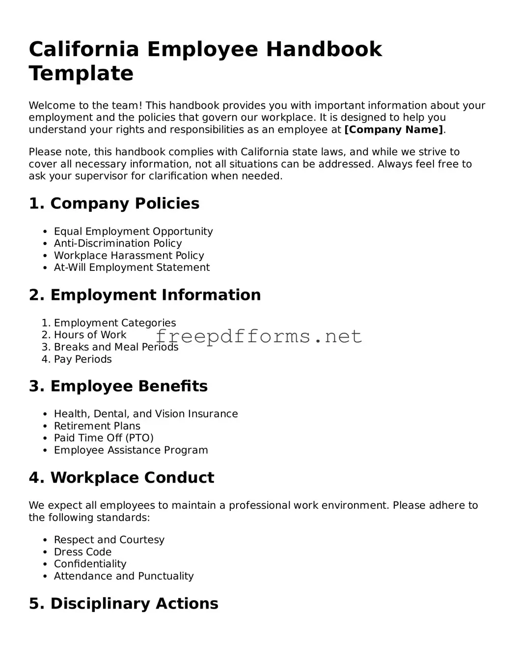 Free Employee Handbook Form for California State