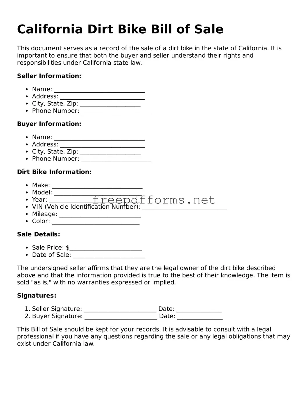 Free Dirt Bike Bill of Sale Form for California State
