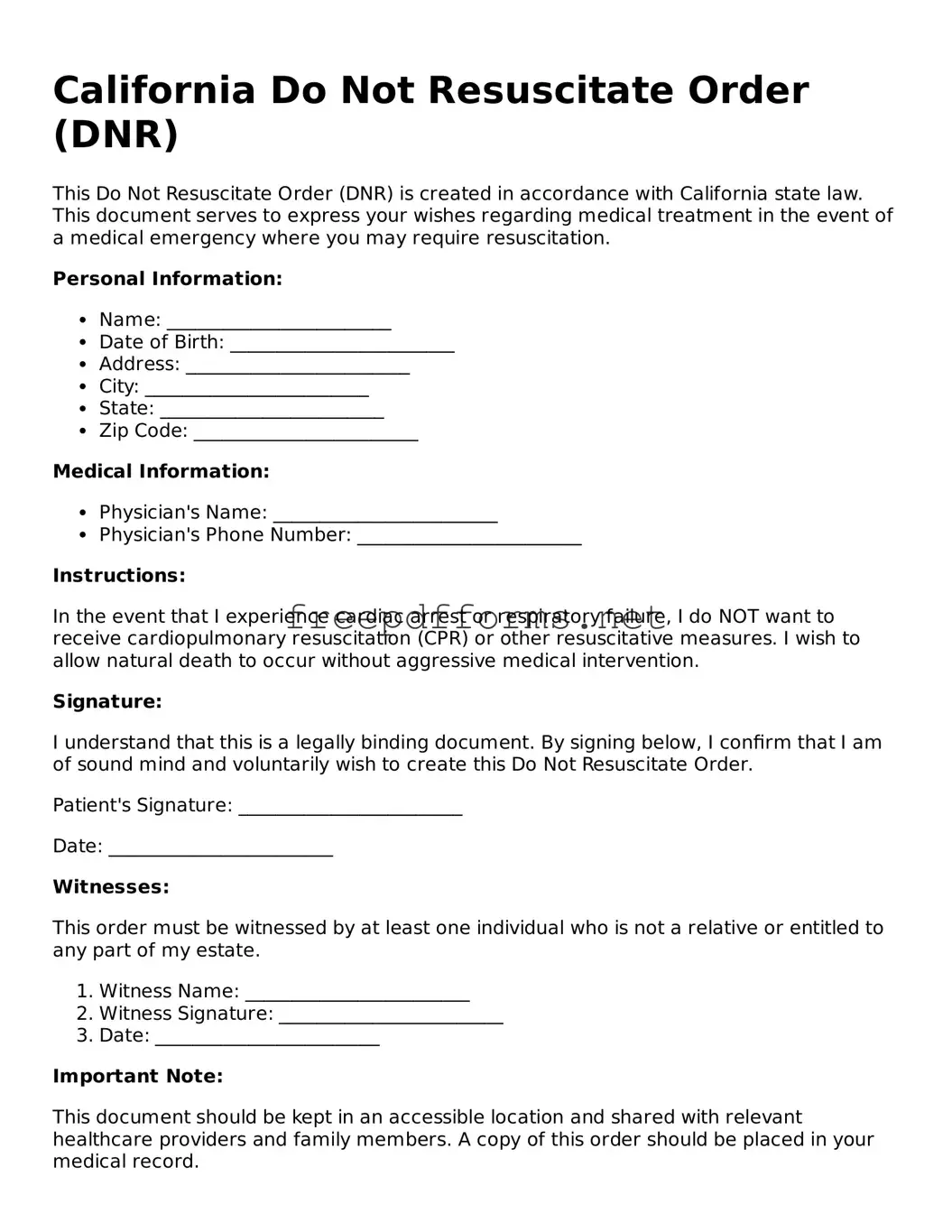 Free Do Not Resuscitate Order Form for California State