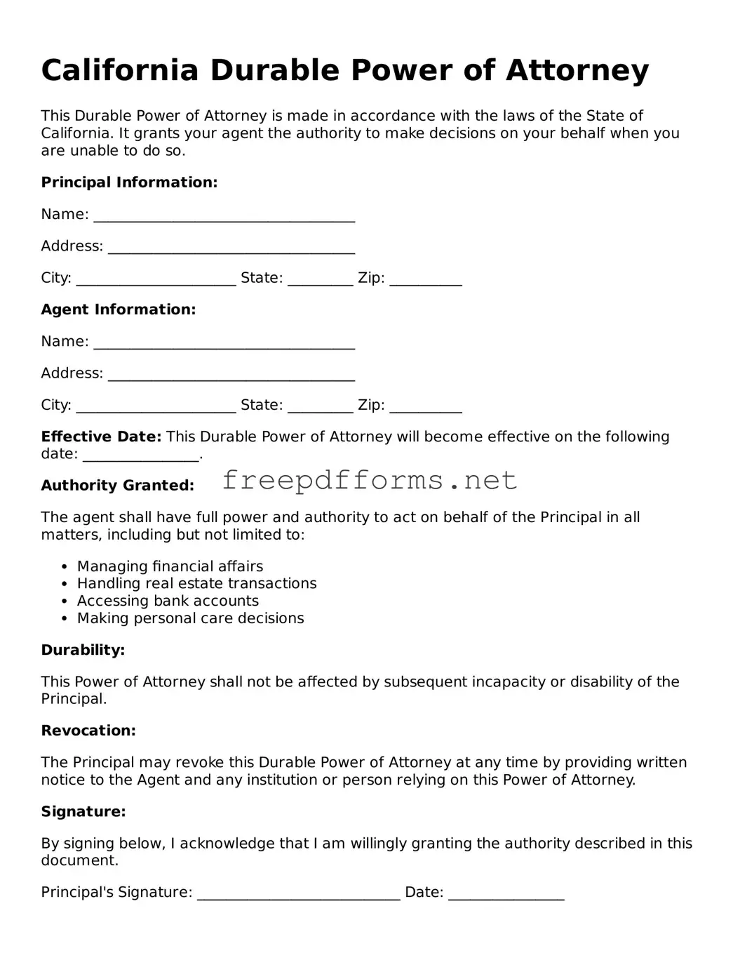 Free Durable Power of Attorney Form for California State