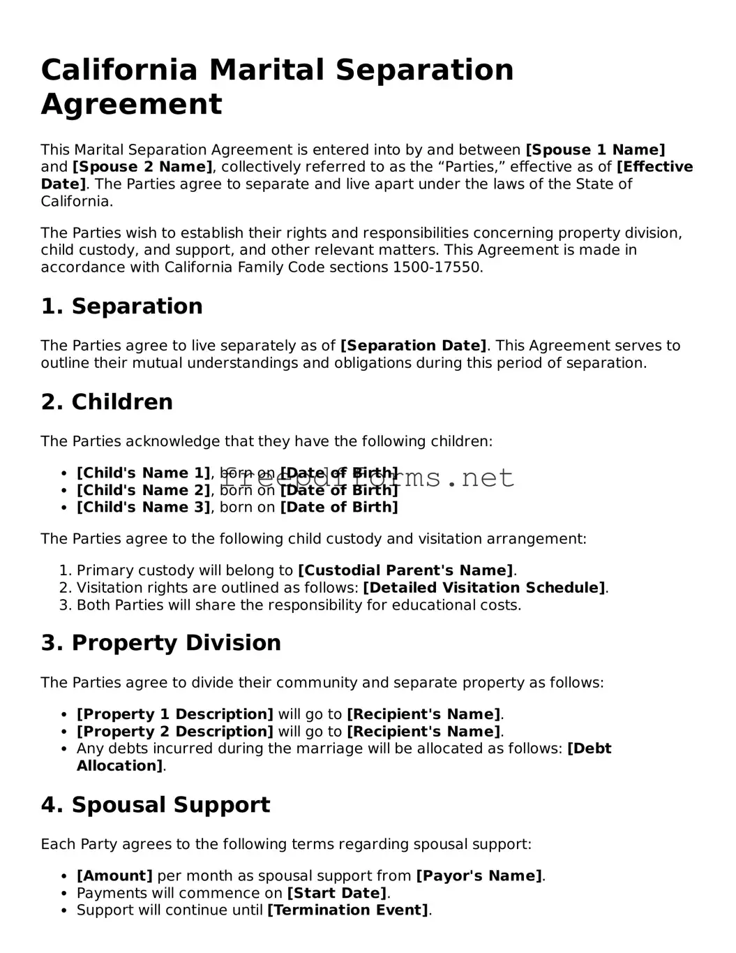 Free Marital Separation Agreement Form for California State