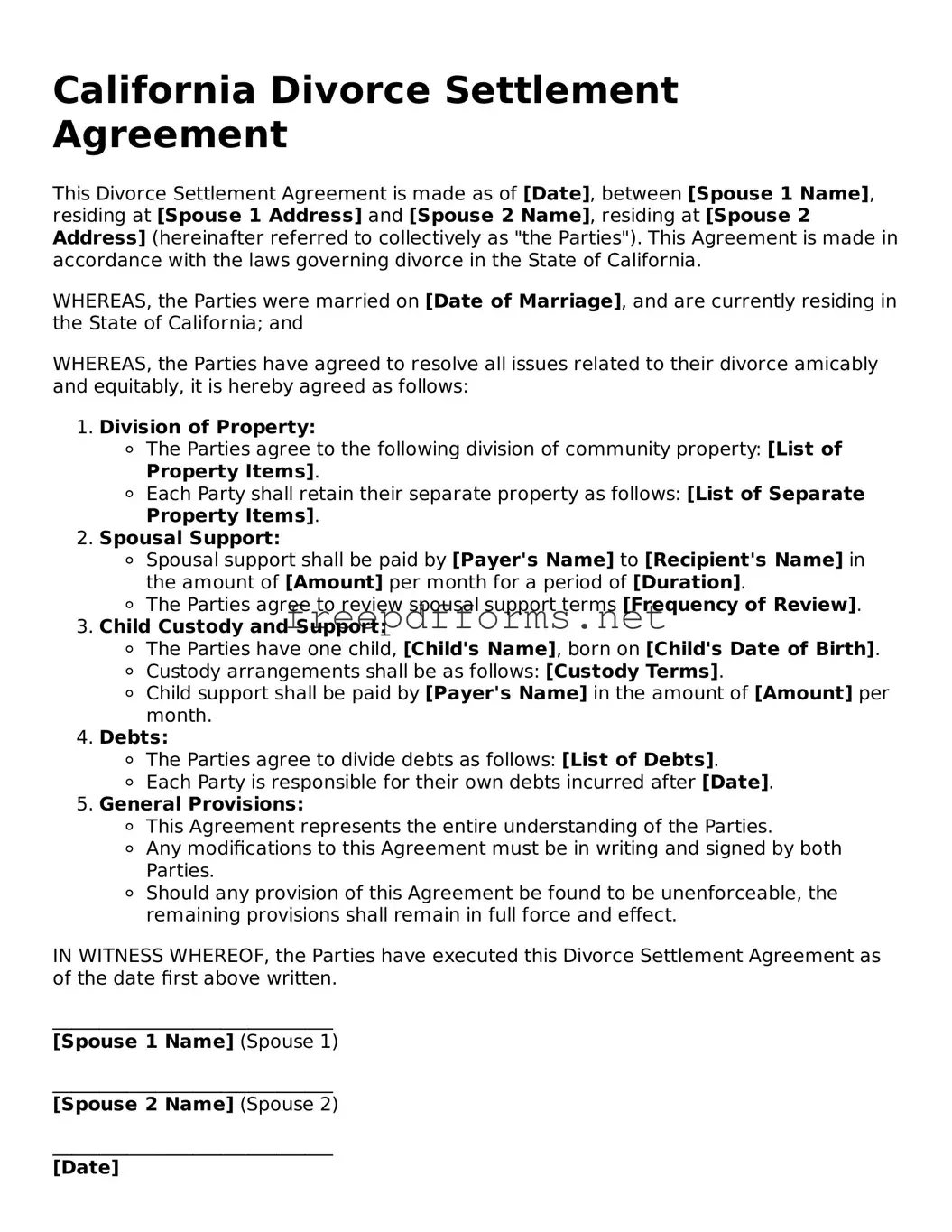 Free Divorce Settlement Agreement Form for California State