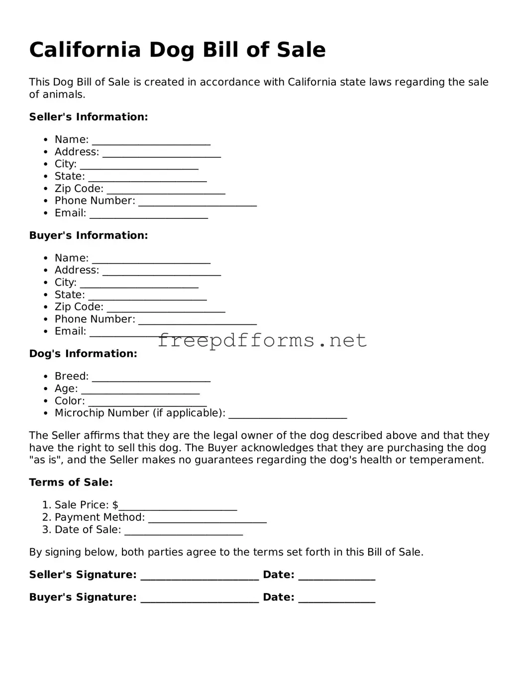 Free Dog Bill of Sale Form for California State