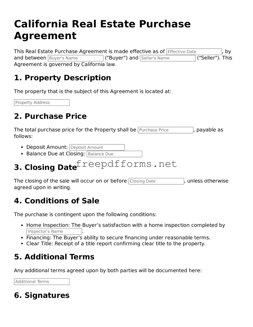 Free Real Estate Purchase Agreement Form for California State