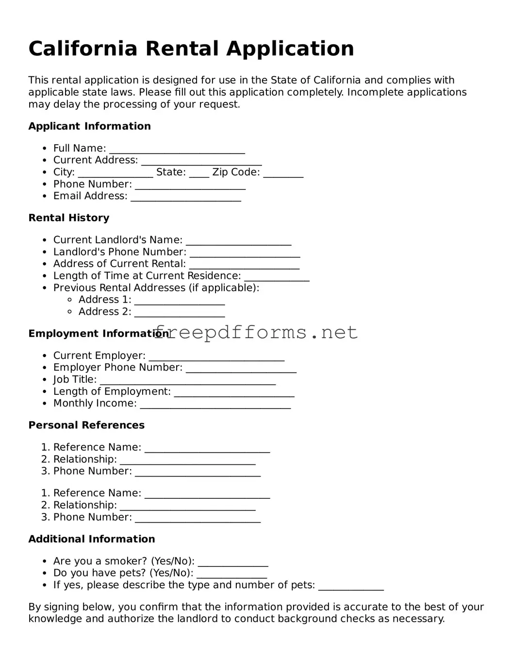 Free Rental Application Form for California State