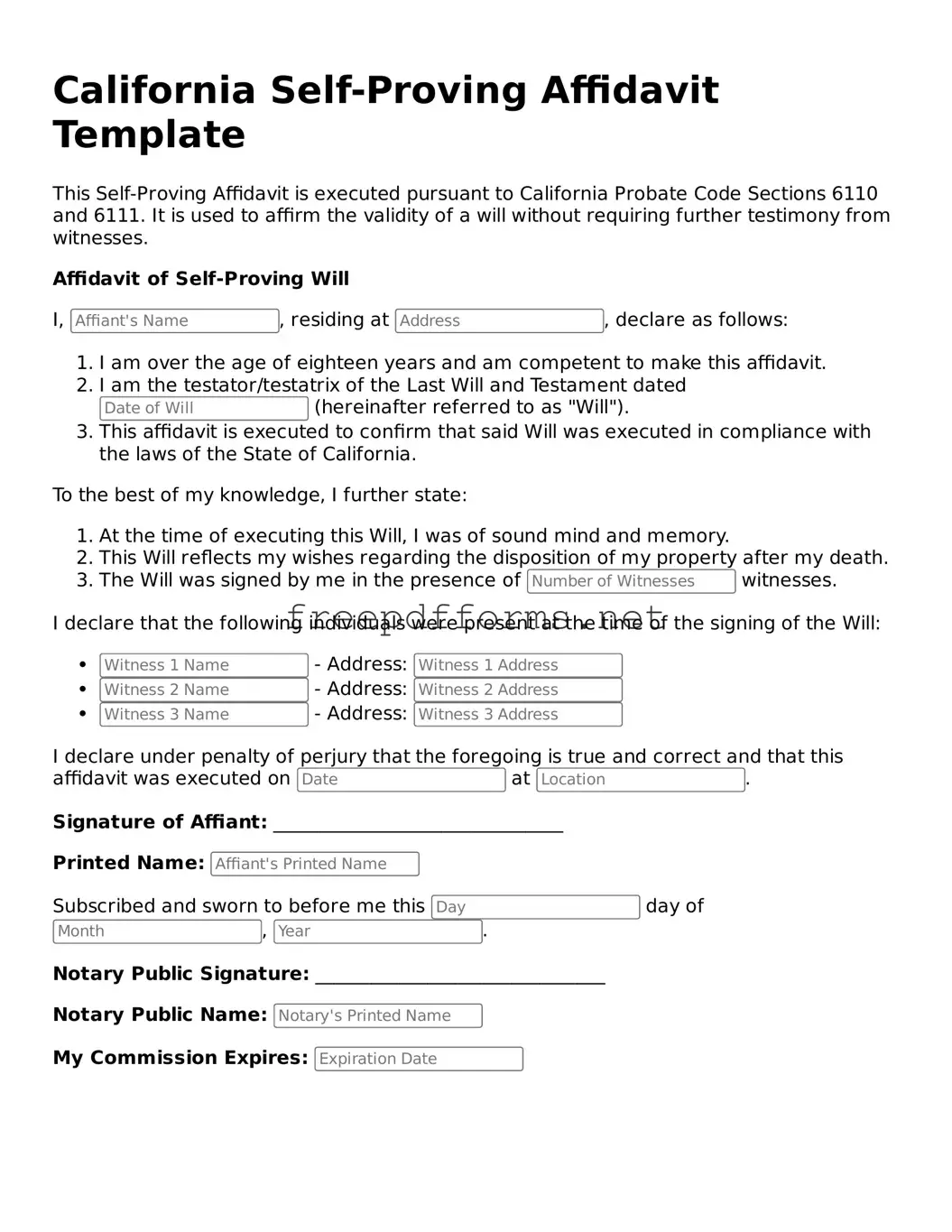 Free Self-Proving Affidavit Form for California State