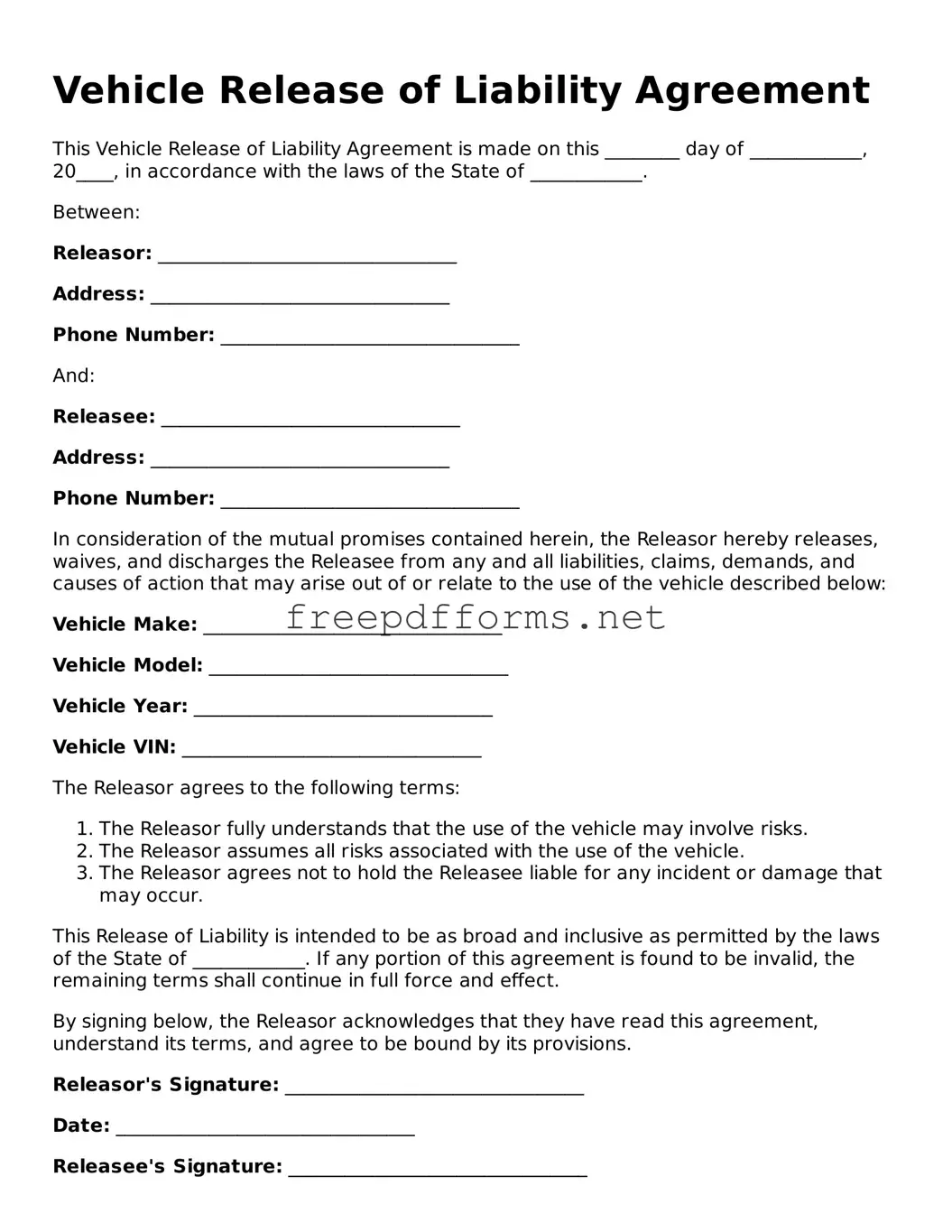 Vehicle Release of Liability Template