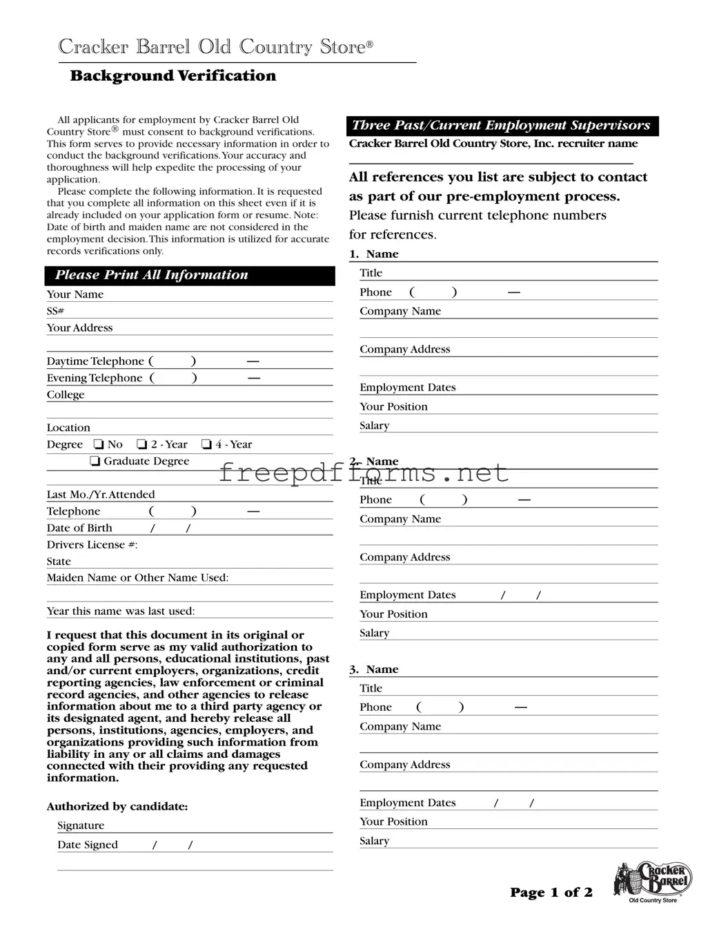 Fill a Valid Cracker Barrel Background Check Template