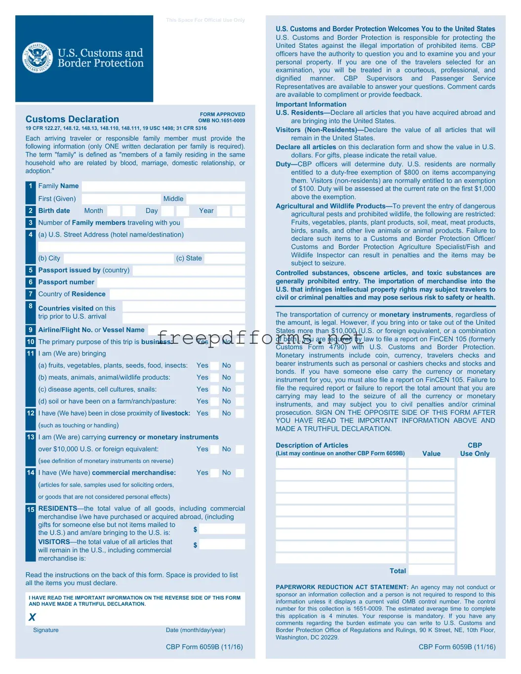 Fill a Valid CBP 6059B Template