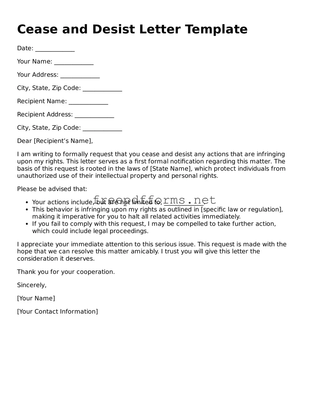 Cease and Desist Letter Template