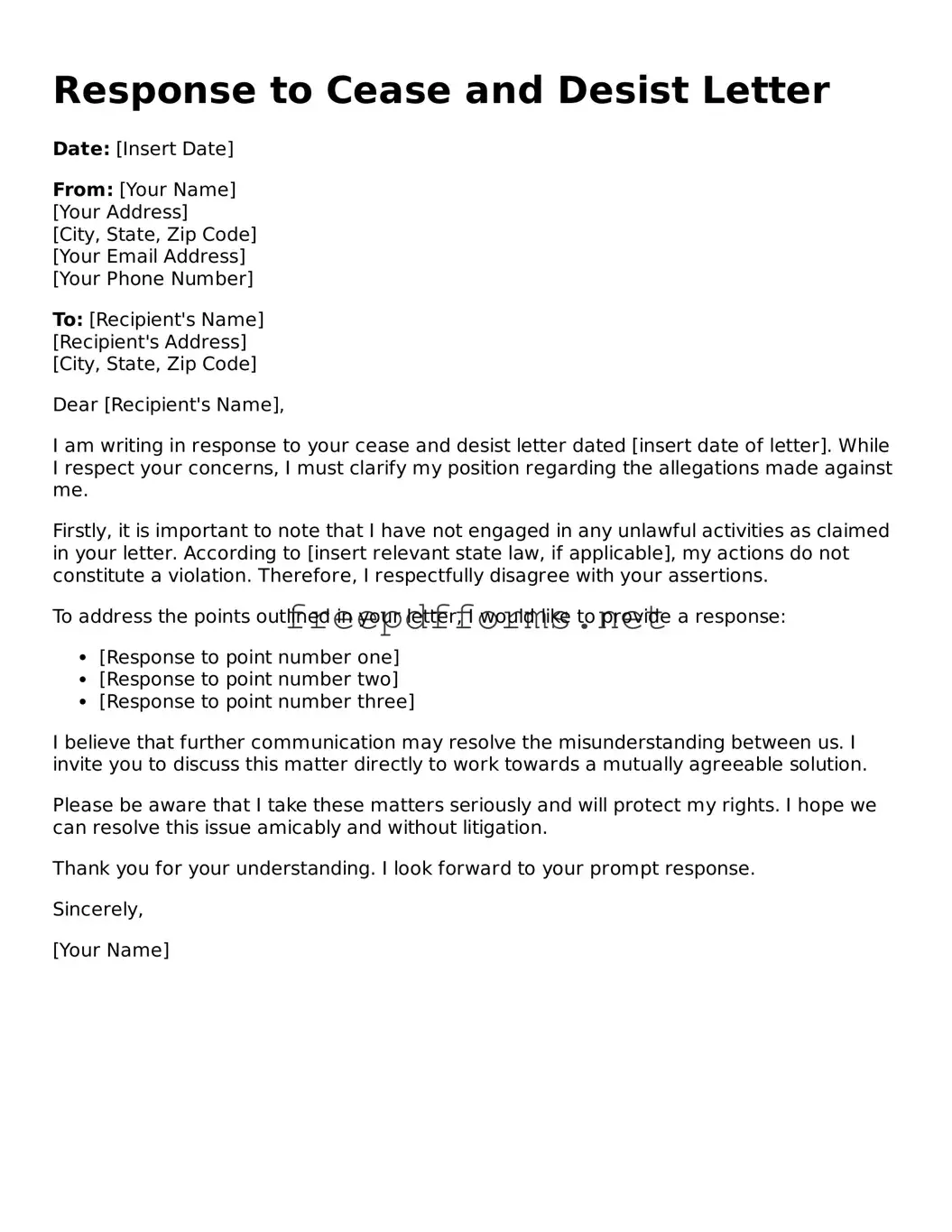 Response to a Cease and Desist Letter Template