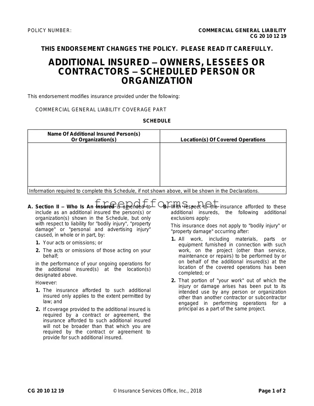 Fill a Valid Cg 20 10 07 04 Liability Endorsement Template