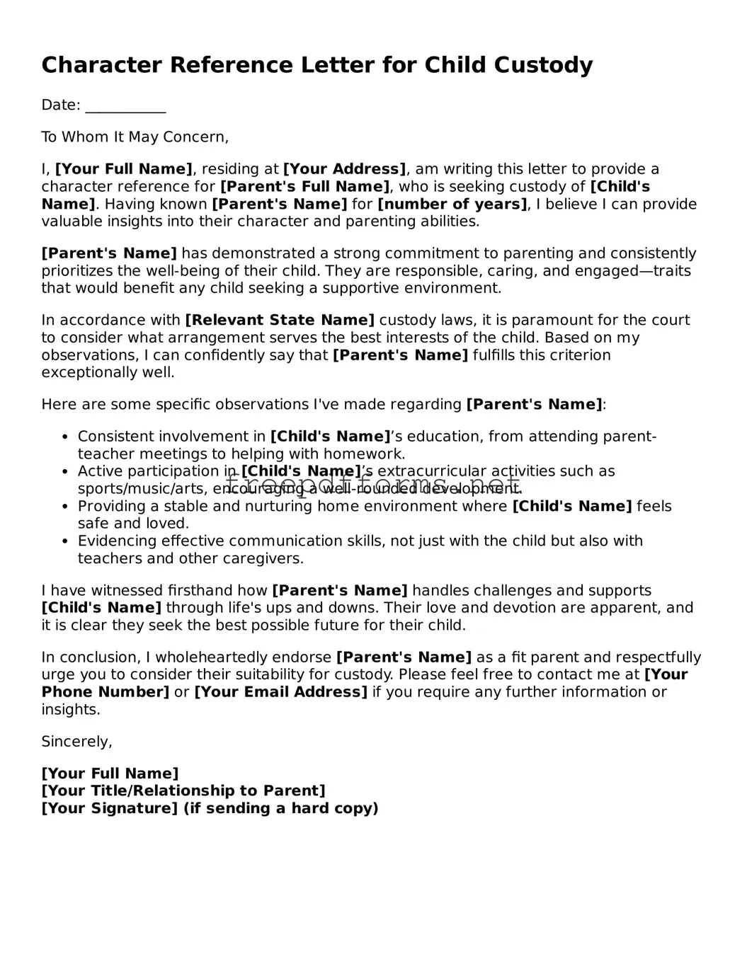 Character Reference Letter for Child Custody Template