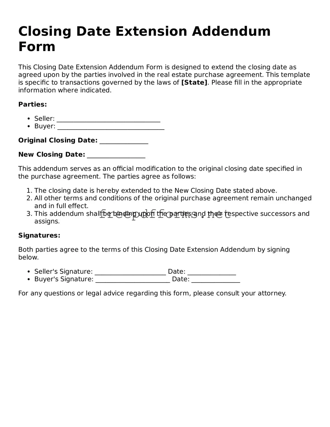 Closing Date Extension Addendum Form Template