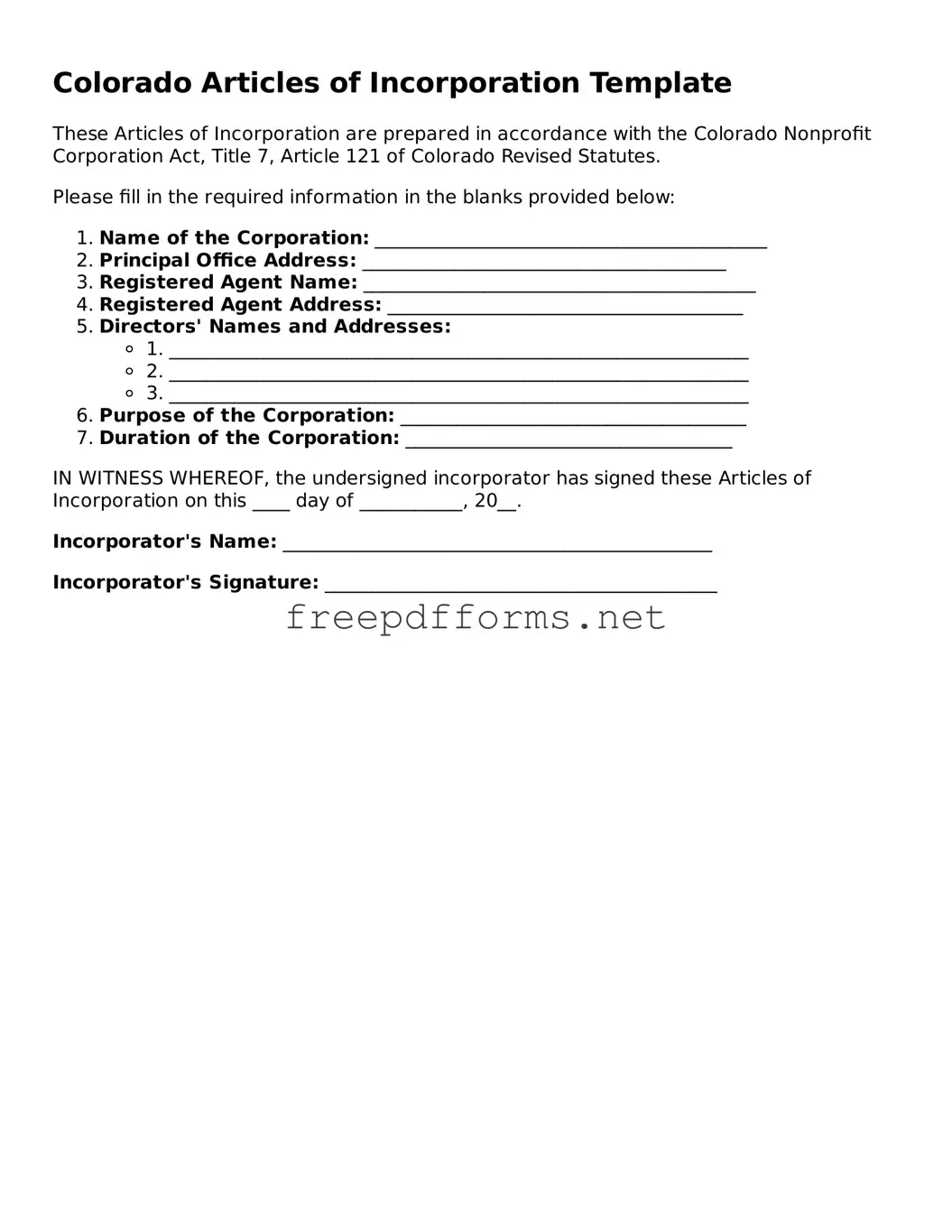 Free Articles of Incorporation Form for Colorado State