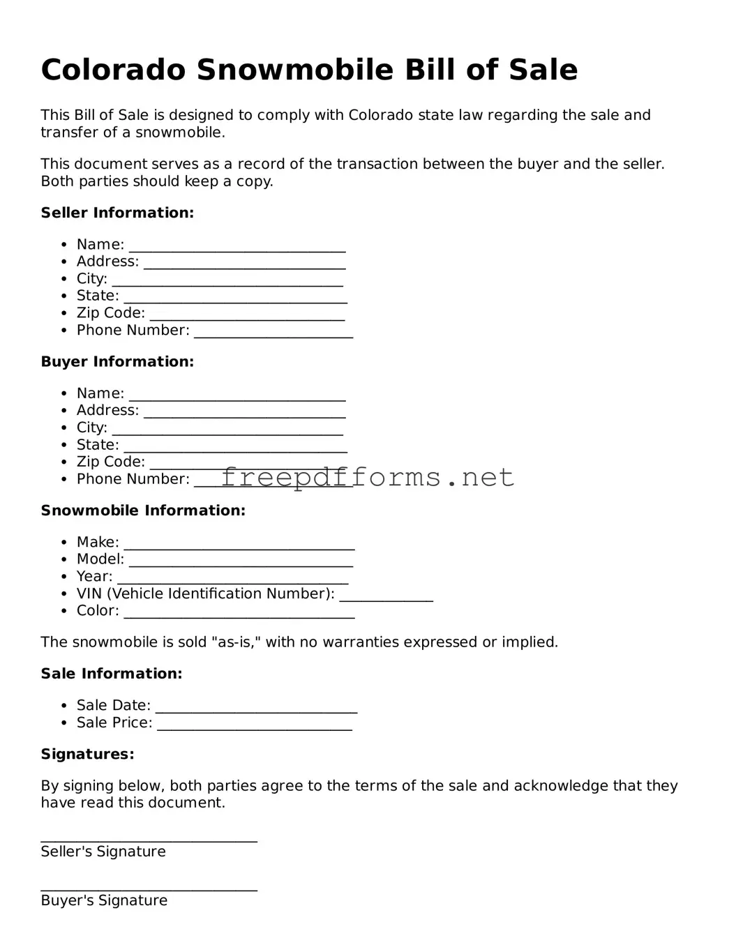 Free Snowmobile Bill of Sale Form for Colorado State