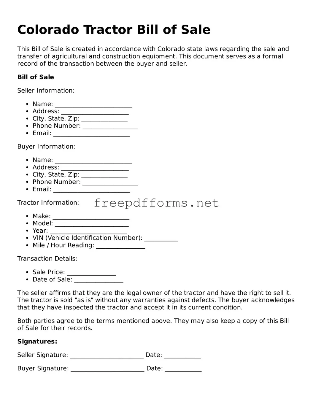Free Tractor Bill of Sale Form for Colorado State