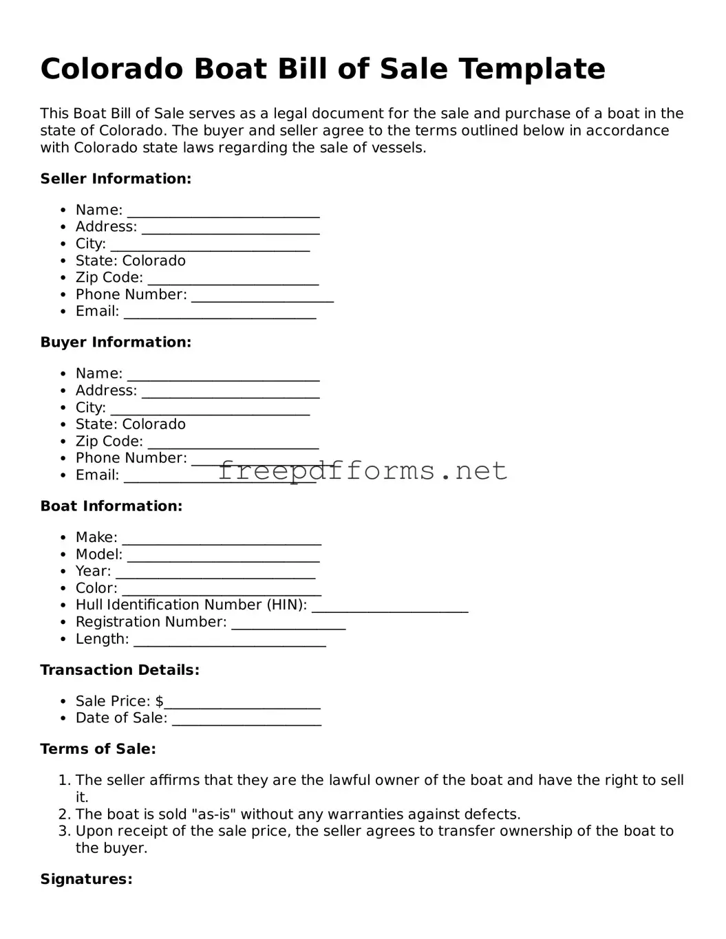 Free Boat Bill of Sale Form for Colorado State