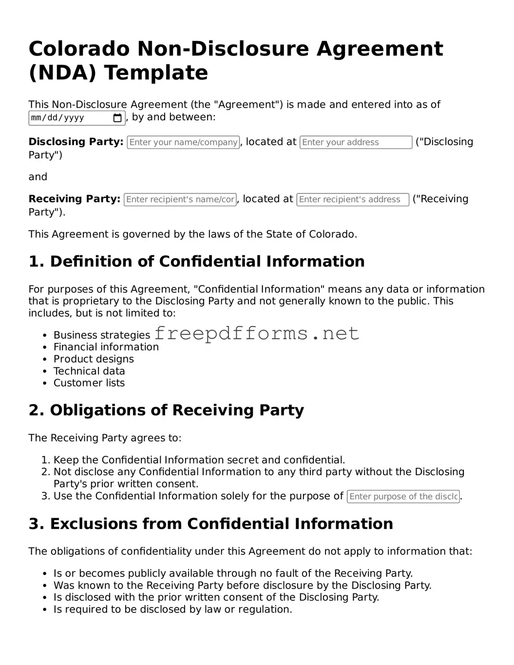 Free Non-disclosure Agreement Form for Colorado State