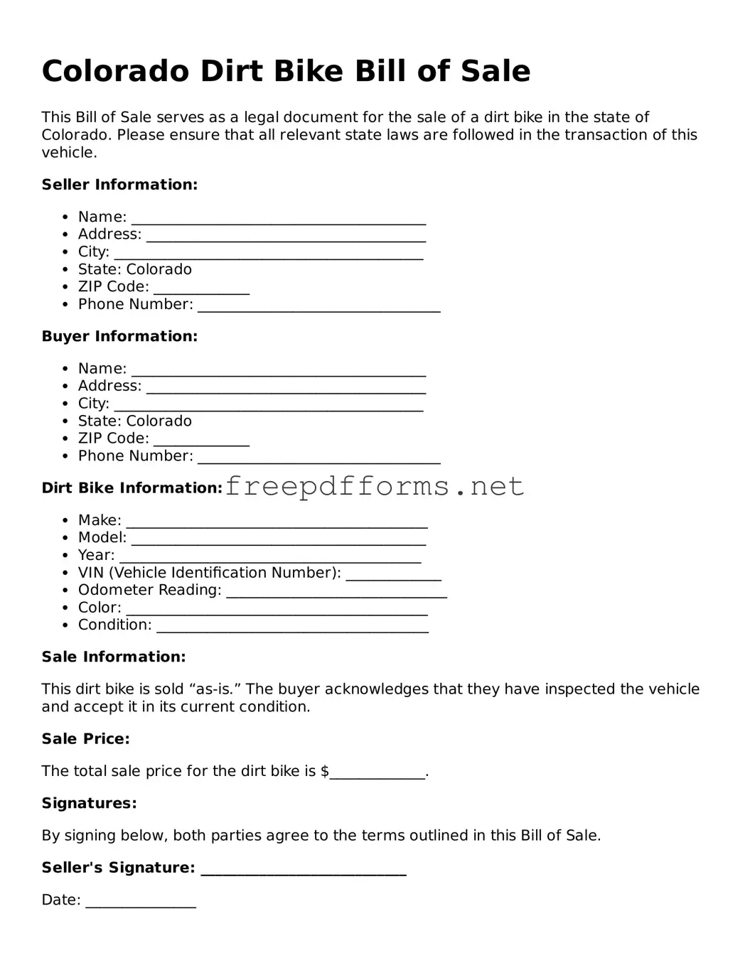 Free Dirt Bike Bill of Sale Form for Colorado State