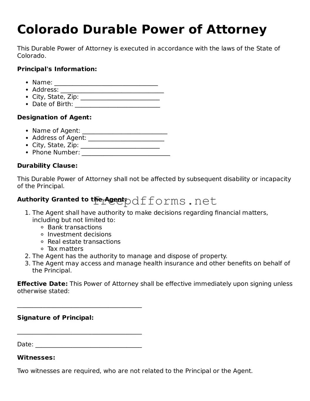 Free Durable Power of Attorney Form for Colorado State