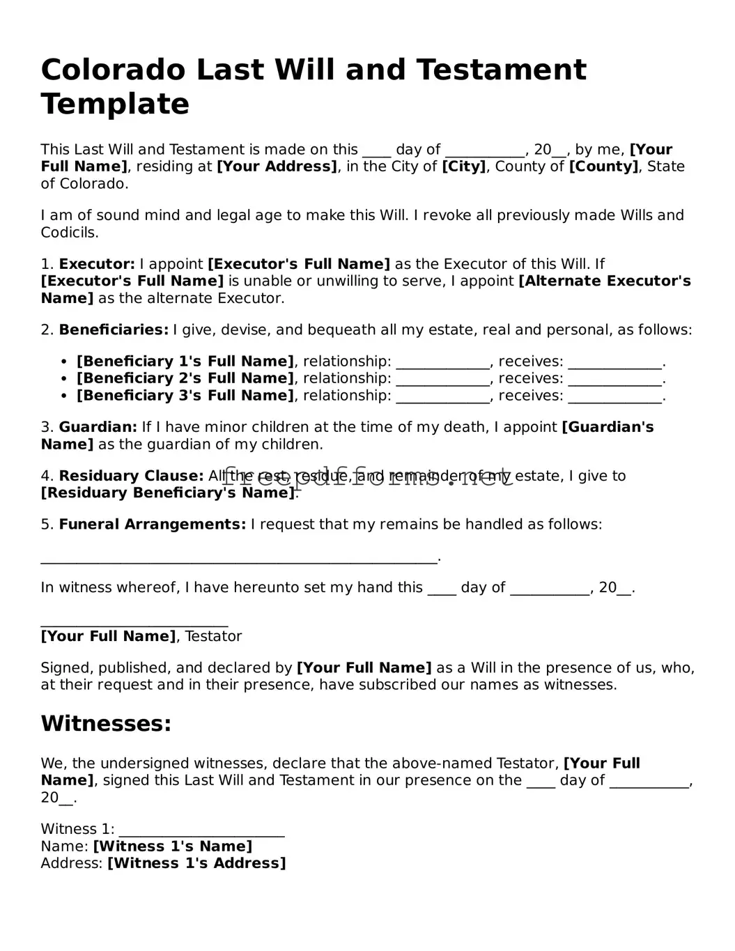 Free Last Will and Testament Form for Colorado State
