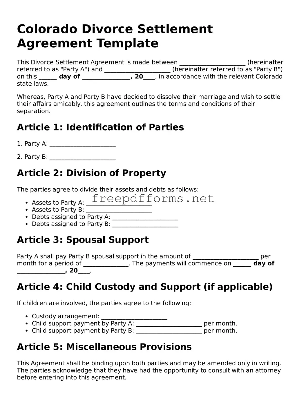 Free Divorce Settlement Agreement Form for Colorado State